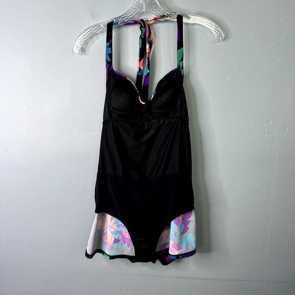 Tropical Escape Floral One Piece Halter Twist Swim Dress Black Multi Womens Sz 6 - Picture 11 of 12